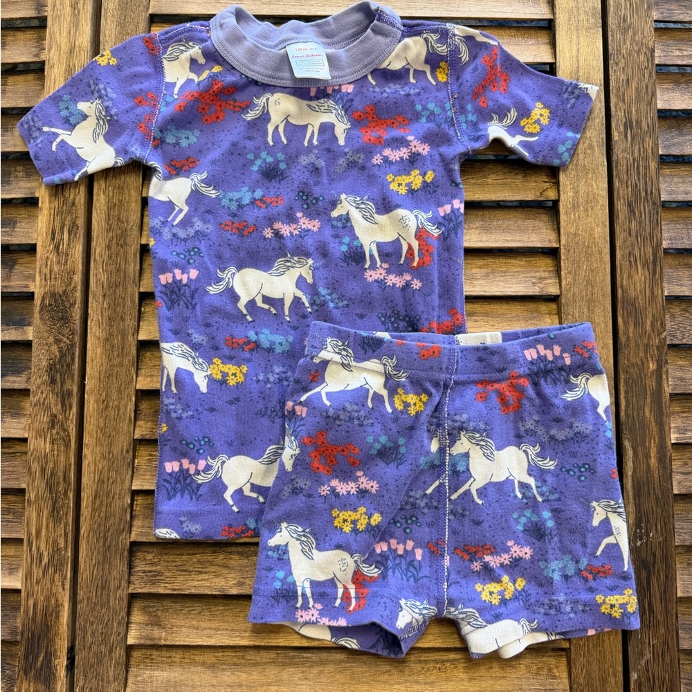 Hanna Andersson Purple Unicorn Floral Short-Sleeved & Shorts Pajama Set Size 4